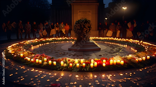 An image of a war memorial or monument with flowers and candles placed at its base, as people gather around to pay their respects.