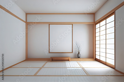 Cabinet wooden japandi design on living room muji style empty wall background. Generative Ai