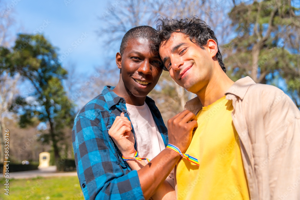 Fototapeta premium Portrait of multiethnic gay male couple on a romantic walk in the park, lgbt concept