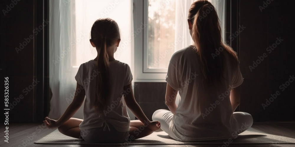 woman and child lifestyle balanced practicing meditate and zen energy yoga. back view Generative AI woman and child lifestyle balanced practicing meditate and zen energy yoga. back view Generative AI