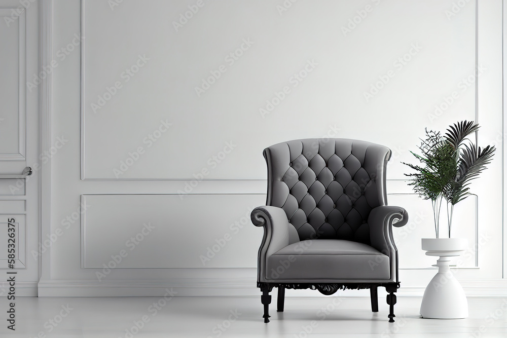 The interior has a armchair on empty white wall background, big blank space. Generative Ai The interior has a armchair on empty white wall background, big blank space. Generative Ai
