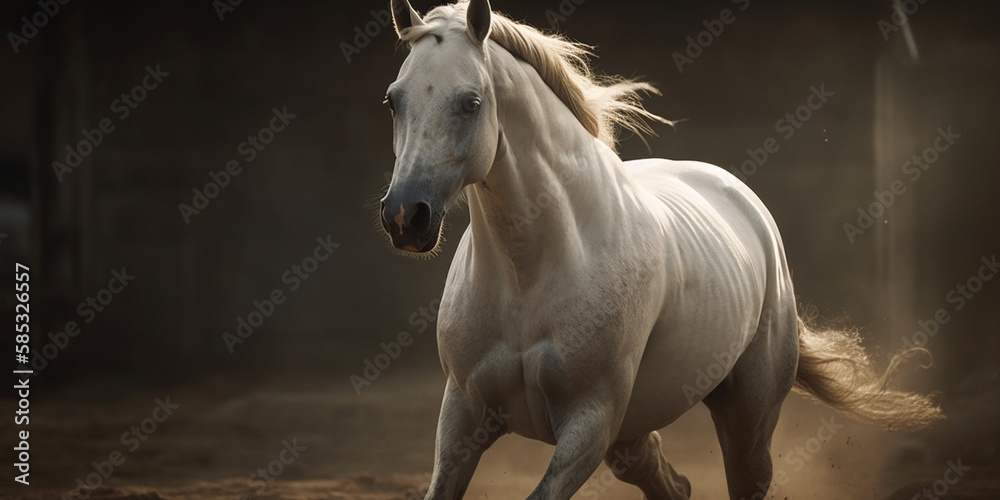 White horse run forward in dust Generative AI