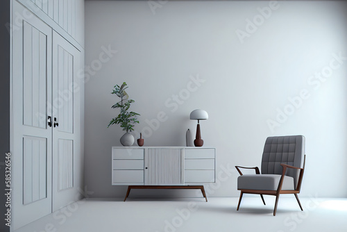 The interior has room a armchair and Cabinet on empty white wall background. Generative Ai