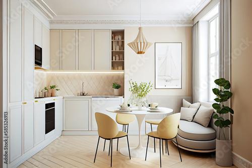 Warm pastel white and beige colors are used in the interior design of the spacious. Generative Ai © Mukhlesur