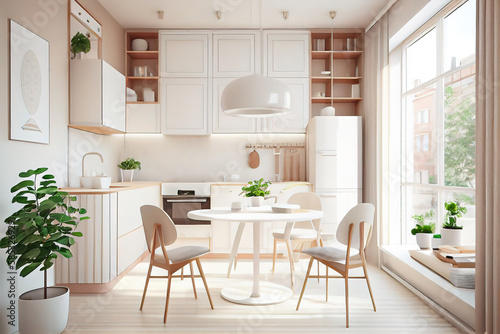 Warm pastel white and beige colors are used in the interior design of the spacious. Generative Ai