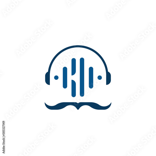 Illustration vector graphic of the initials km logo with sound waves shaped like an old man with a mustache wearing headphones. flat design style. suitable for music groups, podcasts, trademarks, etc.
