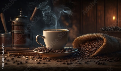  a cup of coffee on a saucer surrounded by coffee beans. generative ai