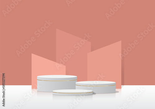 minimalist 3 cylinder podium in soft pink color background. Stage showcase, product display presentation. vector EPS10