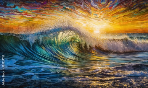  a painting of a wave with a sunset in the background. generative ai