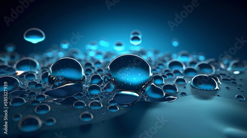 Monochromatic blue water bubble in motion, 3D render on blue background, golden ratio composition for designs. Ideal for various uses. AI GENERATED.