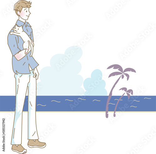猫と海を散歩する男性