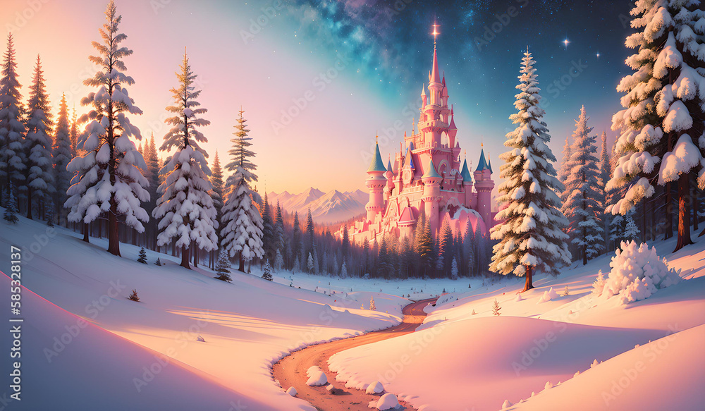 Obraz premium Photo of a winter castle surrounded by snow-covered trees in a forest