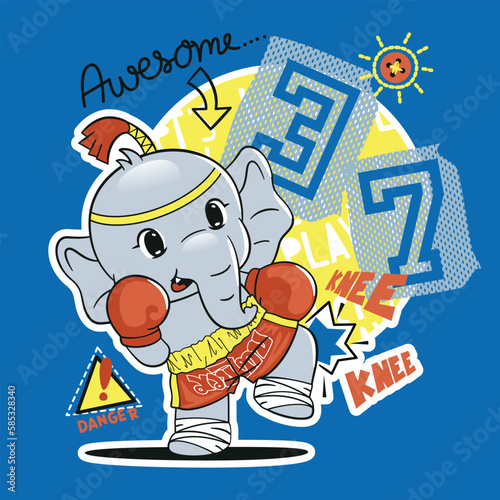 Cute elephant cartoon mascot knee strike, Muay thai, Thai boxing isolated on blue background illustration vector, Typography slogan for t shirt printing.