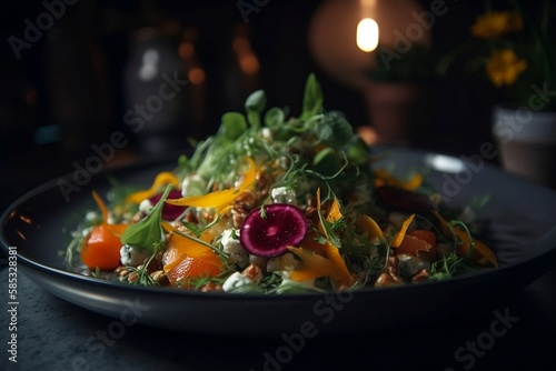 Closeup of Delicious Vegetable Salad at Restaurant Table on blur background