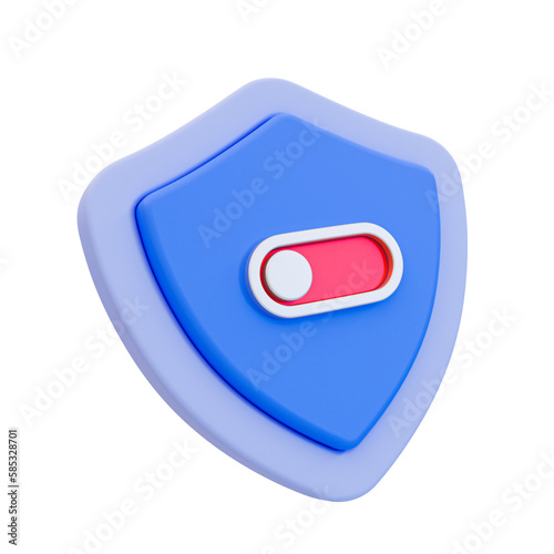 3d minimal turn-off security concept. security defending. protection deactivated. Shield icon with toggle button switch turn off. 3d illustration.