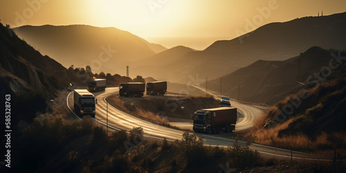 Trucks on highway in mountain at sunset Generative AI © bahadirbermekphoto