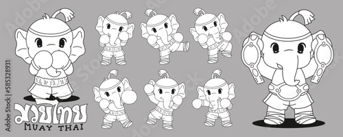 Set of cute elephant cartoon character muay thai coloring pages isolated on gray background illustration vector, Print for baby shower party.