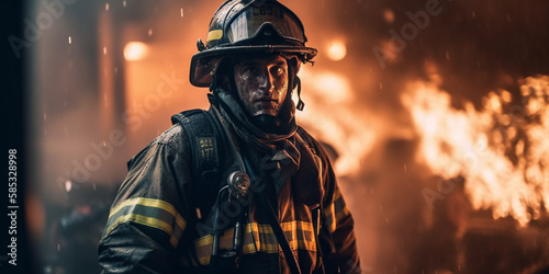 Brave firefighter in an epic universal fire Generative AI