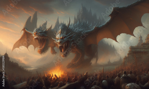 ai generated epic battle scene between a two-headed dragon and an army of orcs in front of a castle