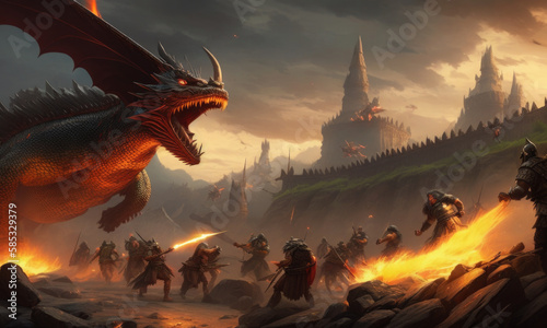 ai generated epic battle scene between a dragon and an army of orcs in front of a castle