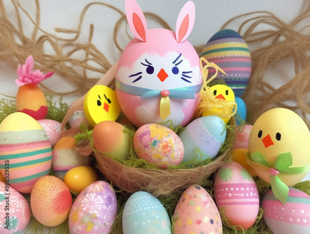 Cute rabbit and easter eggs. Japanese style. Concept of happy easter day.