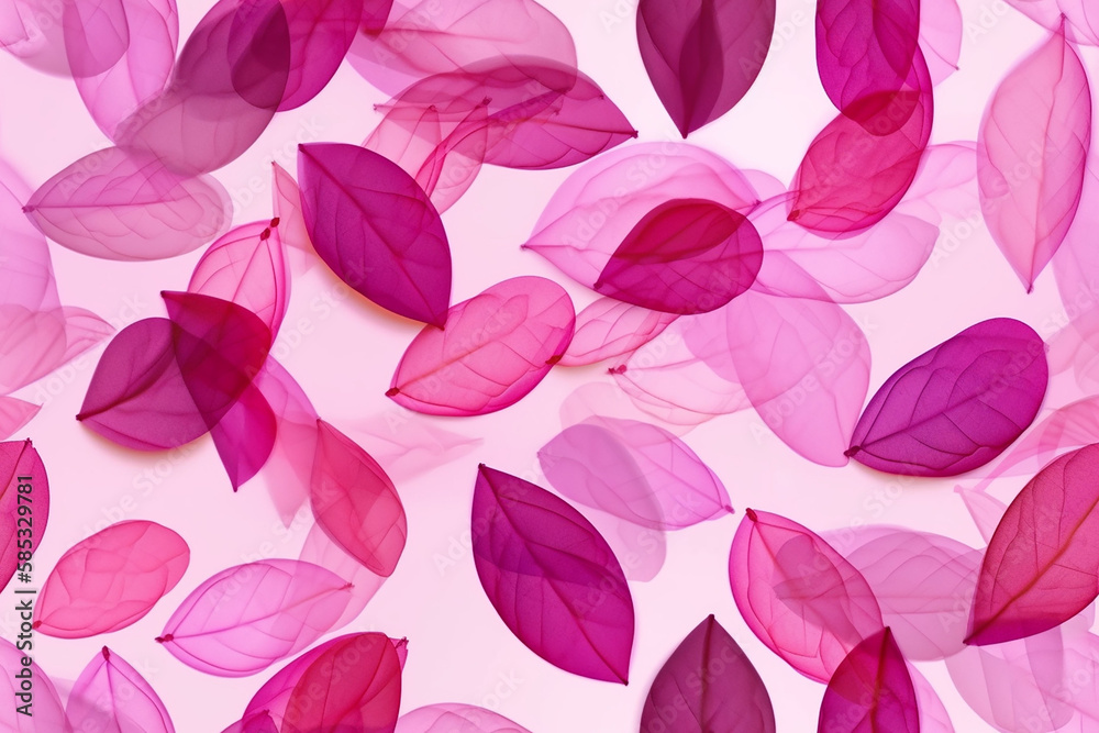 Magenta, pink and light pink leaves on a white background. Pattern. Sakura leaves on a white background, ornament. Generative AI. Magenta, pink and light pink leaves on a white background. Pattern. Sakura leaves on a white background, ornament. Generative AI.