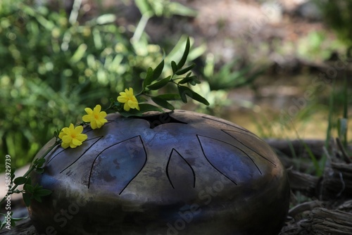 Steel tongue drum and yellow flowers outdoors. Percussion musical instrument