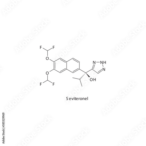 Seviteronel flat skeletal molecular structure Androgen receptor antagonist drug used in Prostate cancer, breast cancer treatment. Vector illustration.