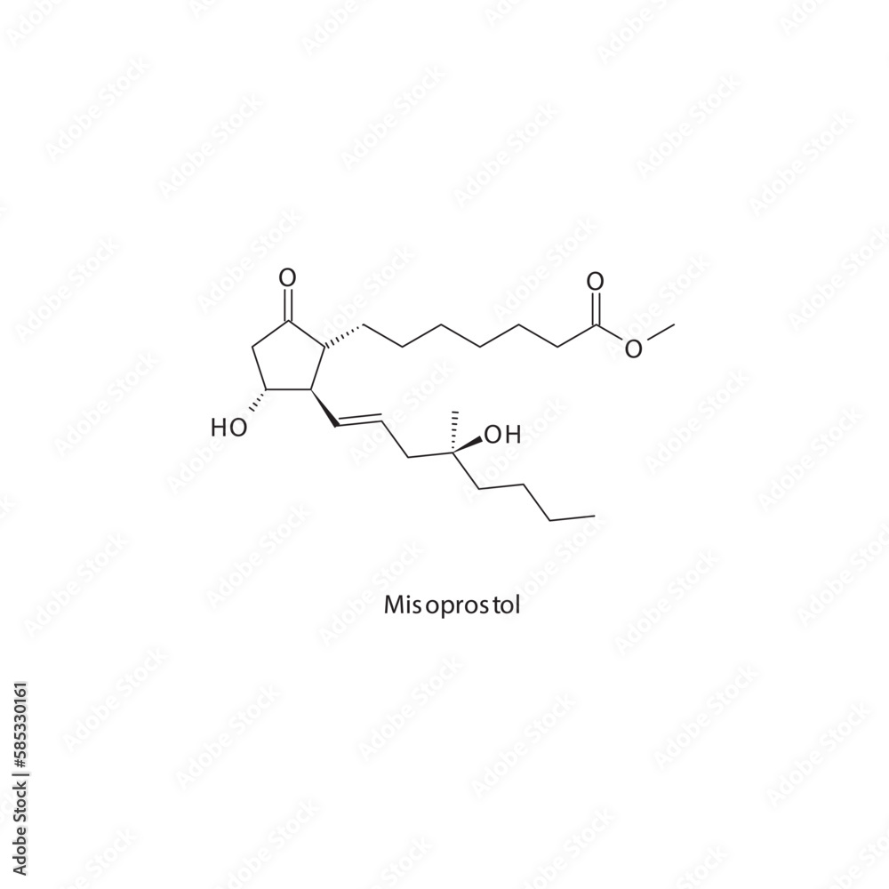 Misoprostol  flat skeletal molecular structure Prostaglandin analogue drug used in heartburn, peptic ulcer treatment. Vector illustration.