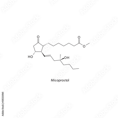 Misoprostol  flat skeletal molecular structure Prostaglandin analogue drug used in heartburn, peptic ulcer treatment. Vector illustration. photo