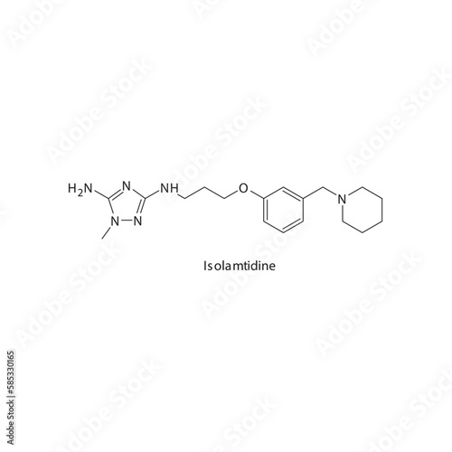 Isolamtidine flat skeletal molecular structure H2 receptor antagonist drug used in heartburn, peptic ulcer treatment. Vector illustration.