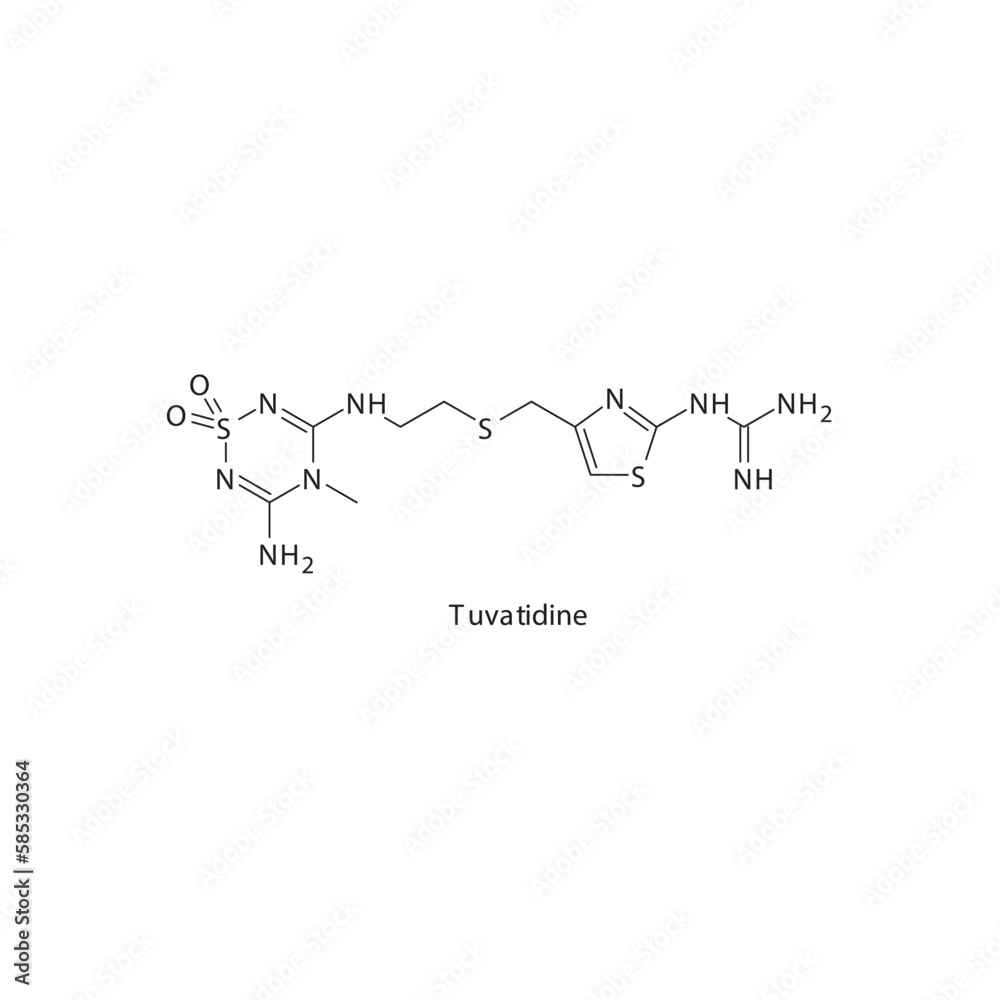 Tuvatidine flat skeletal molecular structure H2 receptor antagonist drug used in heartburn, peptic ulcer treatment. Vector illustration.