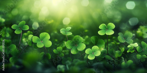 Green background with three-leaved shamrocks, Lucky Irish Four Leaf Clover in the Field for St. Patricks Day holiday symbol Generative AI
