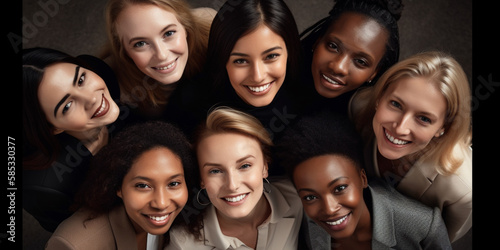 View of group of smiling multiethnic businesswomen. top view. 