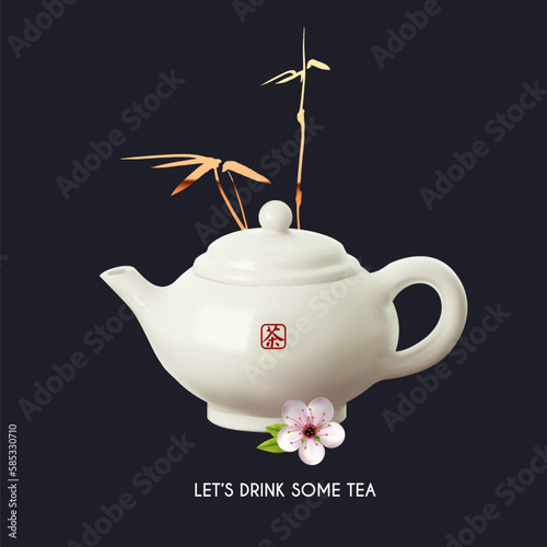 3D realistic teapot with flower. Chinese tea ceremony
