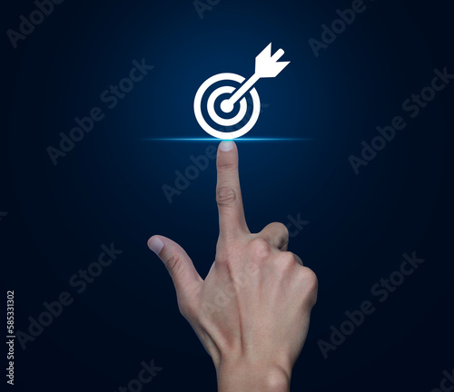 Hand pressing target with dart flat icon over blue background, Business success concept