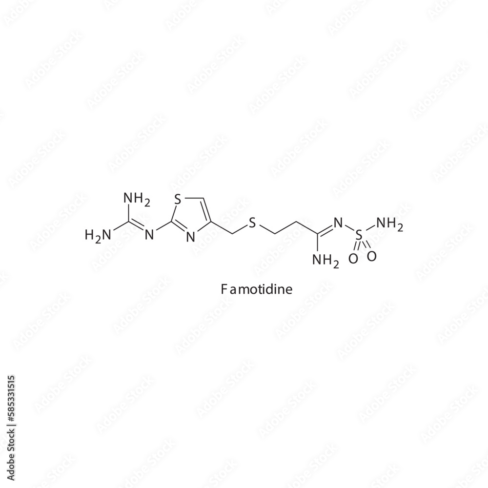 Famotidine flat skeletal molecular structure H2 receptor antagonist drug used in heartburn, peptic ulcer treatment. Vector illustration.