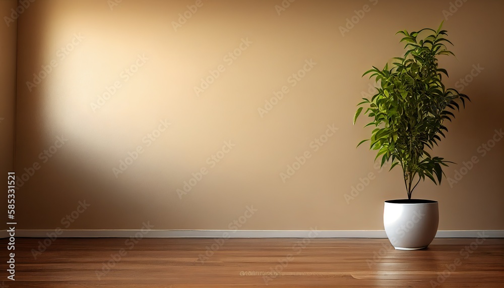 Beige Wall Empty Room Interior with Wooden Flooring and Pot Plant for Background