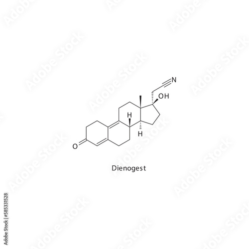 Dienogest flat skeletal molecular structure Progestin drug used in Endometriosis, birth control treatment. Vector illustration.