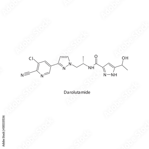 Darolutamide flat skeletal molecular structure Androgen receptor antagonist drug used in Prostate cancer treatment. Vector illustration.