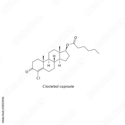 Clostebol caproate flat skeletal molecular structure Androgen receptor agonist drug used in androgen replacement theraphy treatment. Vector illustration.
