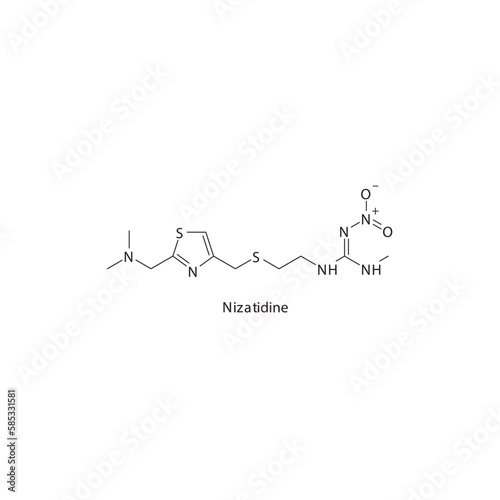Nizatidine  flat skeletal molecular structure H2 receptor antagonist drug used in heartburn, peptic ulcer treatment. Vector illustration.