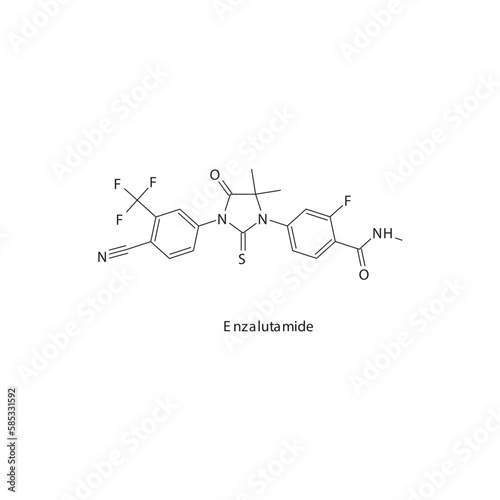Enzalutamide flat skeletal molecular structure Androgen receptor antagonist drug used in Prostate cancer treatment. Vector illustration.