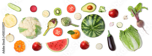 Fototapeta Naklejka Na Ścianę i Meble -  Collage with many vegetables and fruits on white background, top view