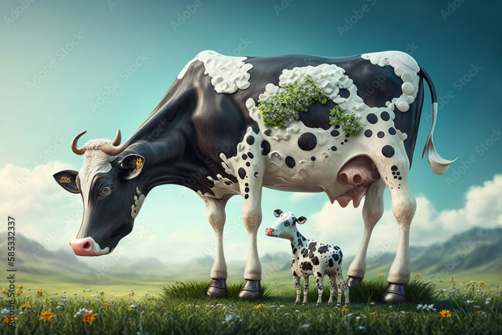 cow in the dairy form easting grass with calf, digital illustration ...