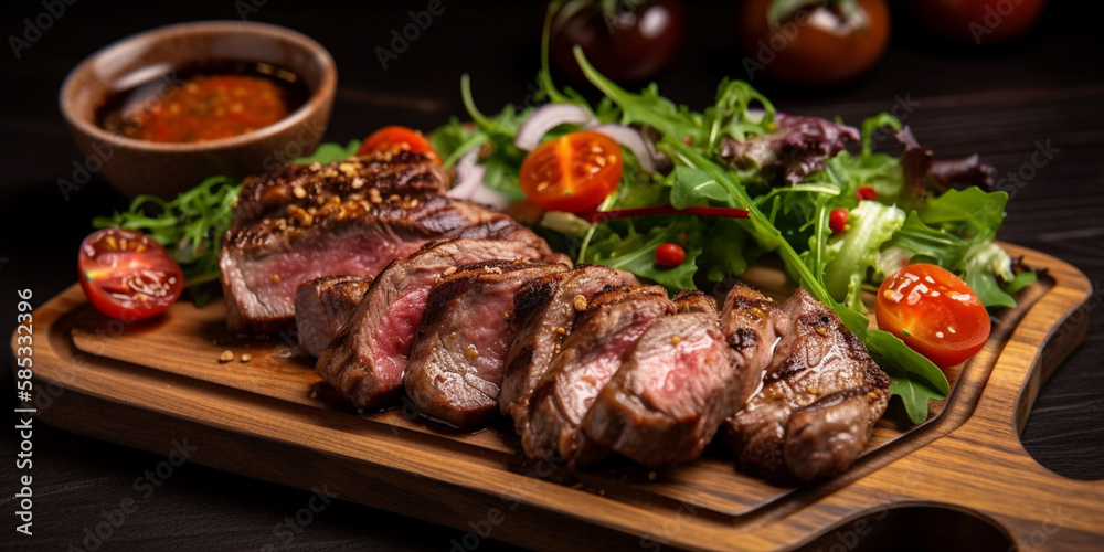 Lamb steak pieces with sauces, grilled pepper, fresh salad on wooden board Generative AI