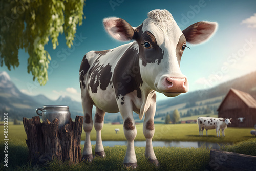 Cute, funny cow on a farm looking at the milk in the jar at Daity form, digital illustration, cartoon illustration, 4k, wildlife background, wild animal, AI
