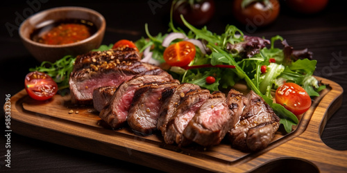 Lamb steak pieces with sauces, grilled pepper, fresh salad on wooden board Generative AI