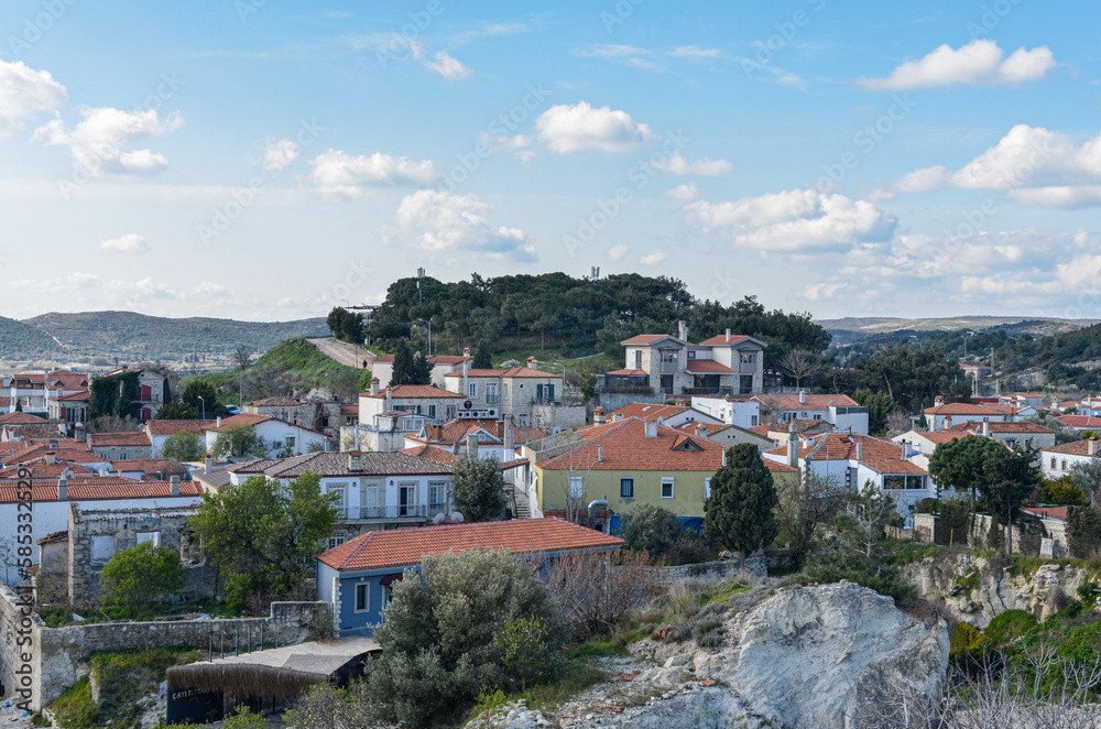 scenic view of Alacati town from the local hills (Cesme, Izmir region, Turkey)