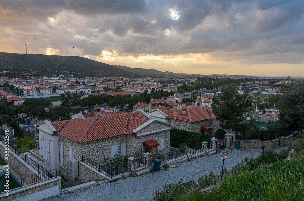 tile roofs of traditional Turkish houses in Alacati old town (Izmir region, Turkey)